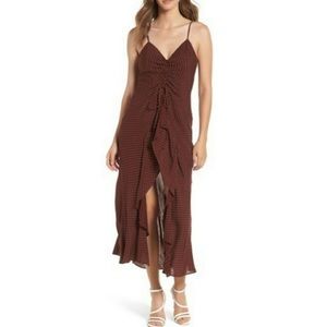 Lush Maroon Red Polka Dot Dress with High Low Slit